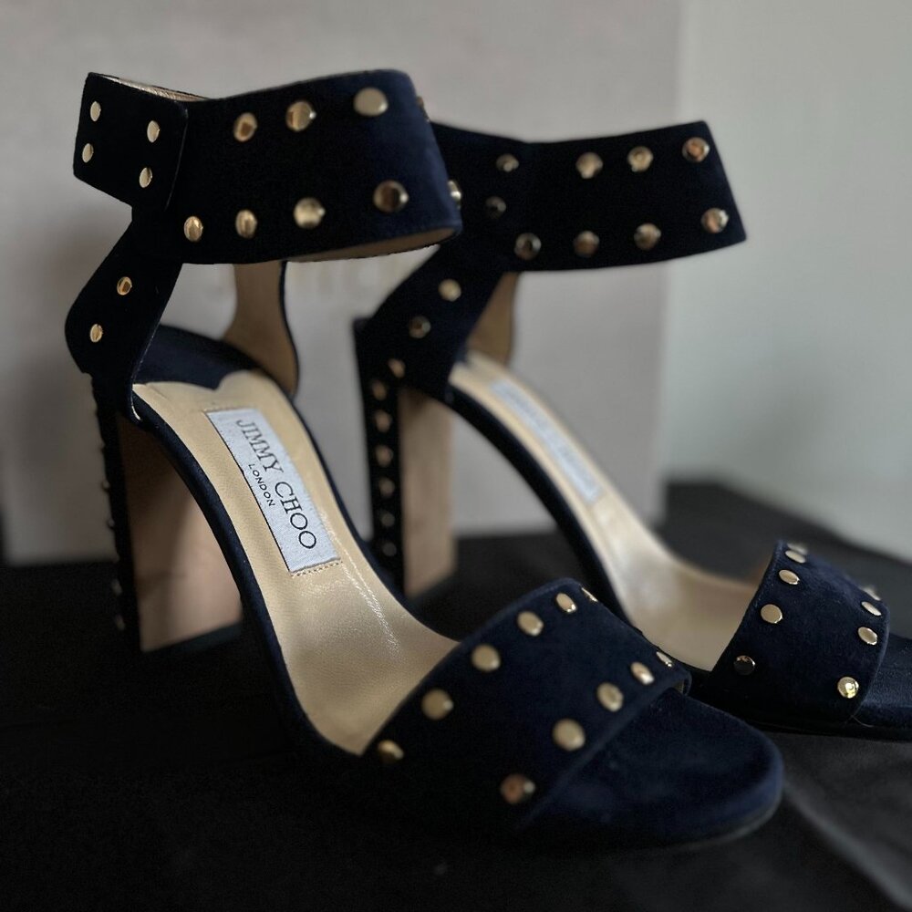 Jimmy Choo Veto 100 Navy Suede Sandals with Gold Studs, Size 38.5